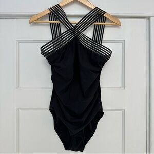 Aqua Green High Neck One-Piece Swimsuit with striped trim - full coverage bottom